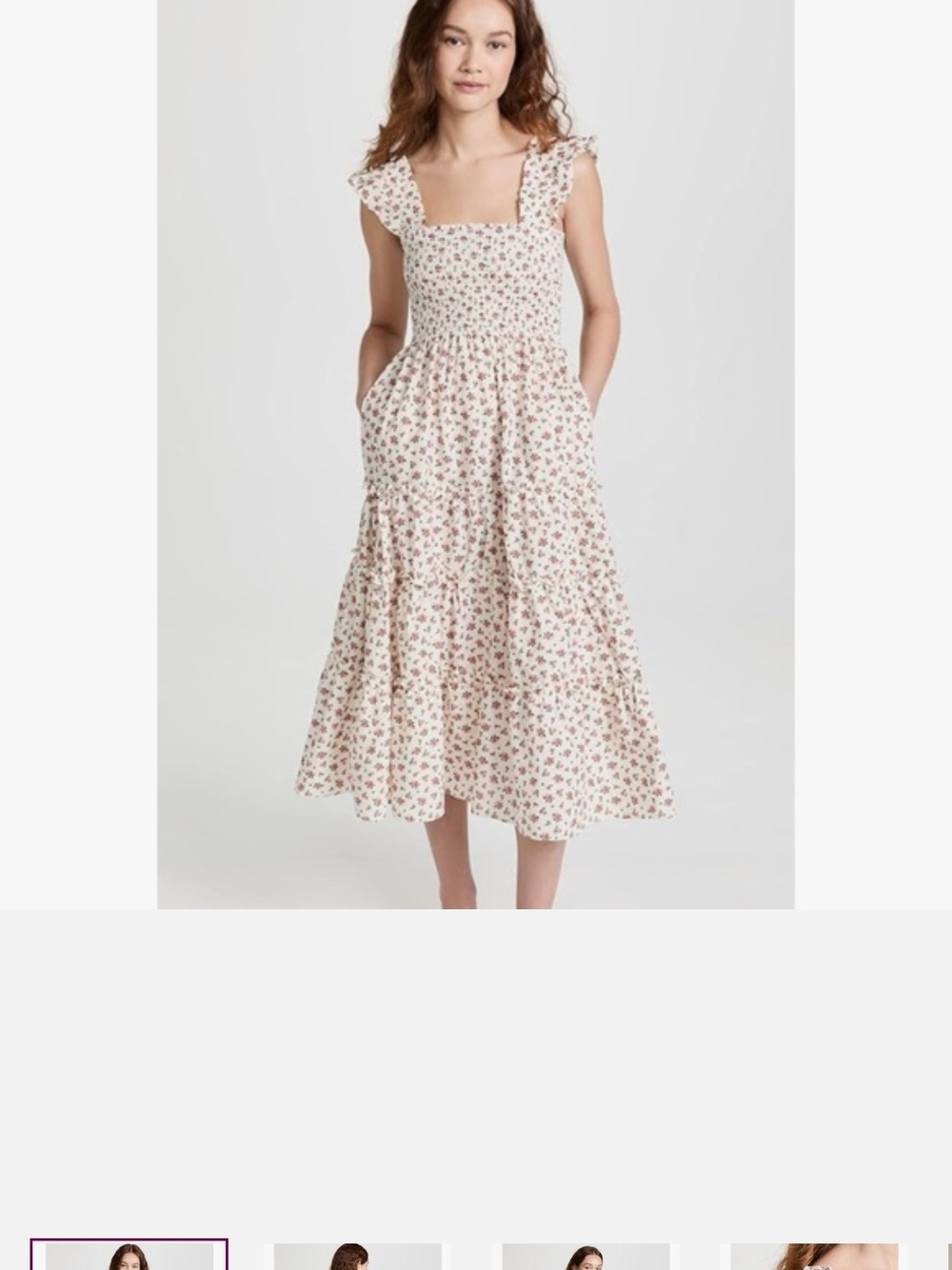 Smocked Square-Neck Midi Dress in Cream Floral